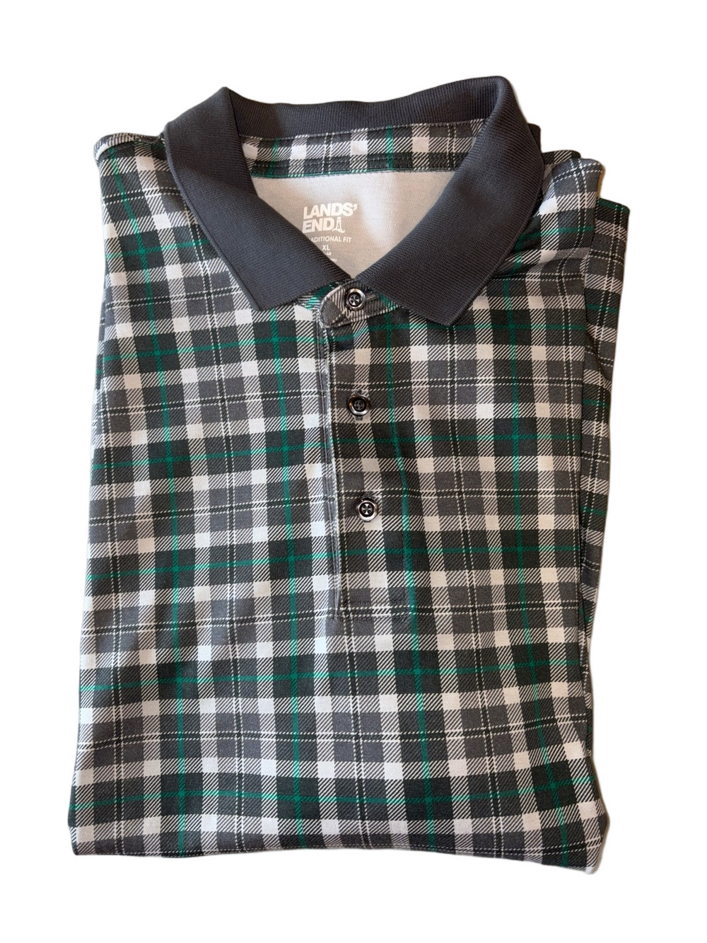 Lands’ End Men’s Traditional Fit Plaid Long Sleeve Polo Shirt – XL